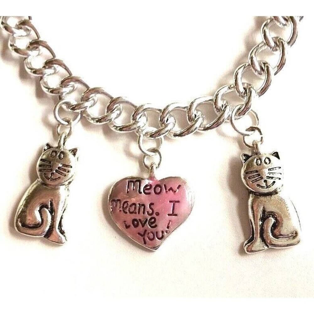 Kitty Cat Lady Charm Bracelet MEOW Means LOVE Heart 7.5" Rescue Silver Plated